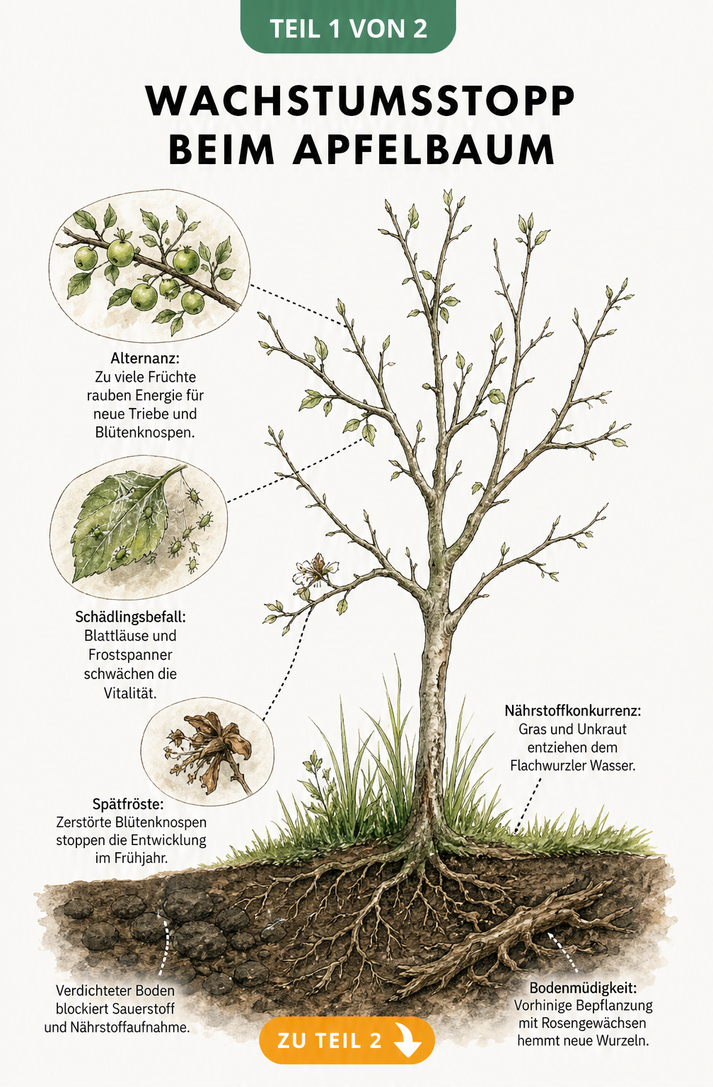 Illustration eines jungen Apfelbaums mit Diagnose von Wachstumsstörungen wie Staunässe, Nährstoffkonkurrenz durch Gras, Alternanz, Schädlingsbefall und...