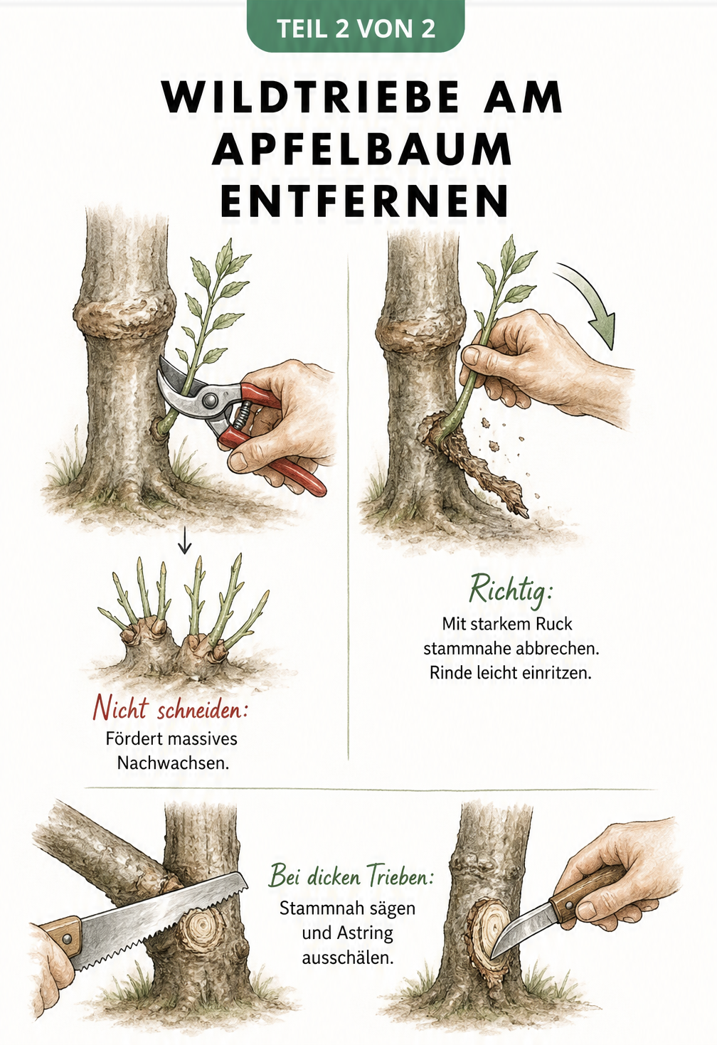 Skizze zur richtigen und falschen Entfernung von Wildtrieben am Apfelbaum