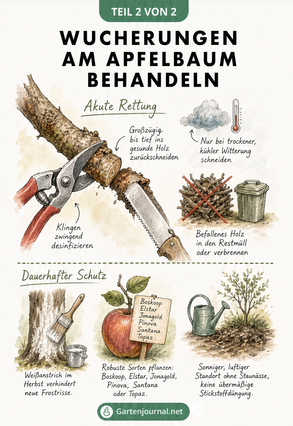 Skizzenhafte Darstellung zur Behandlung von Wucherungen am Apfelbaum mit Astschere, Weißanstrich und Standorttipps