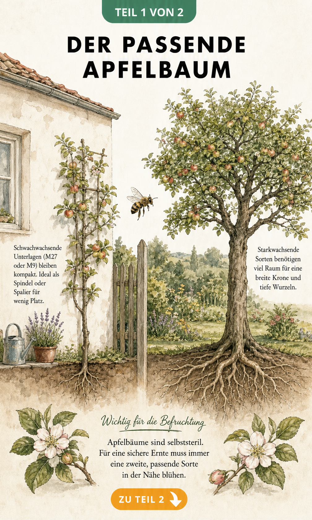 Aquarell-Skizze zweier Apfelbäume: ein kleiner Spalierbaum und ein großer Baum mit breiter Krone, dazwischen eine Biene zur Bestäubung.