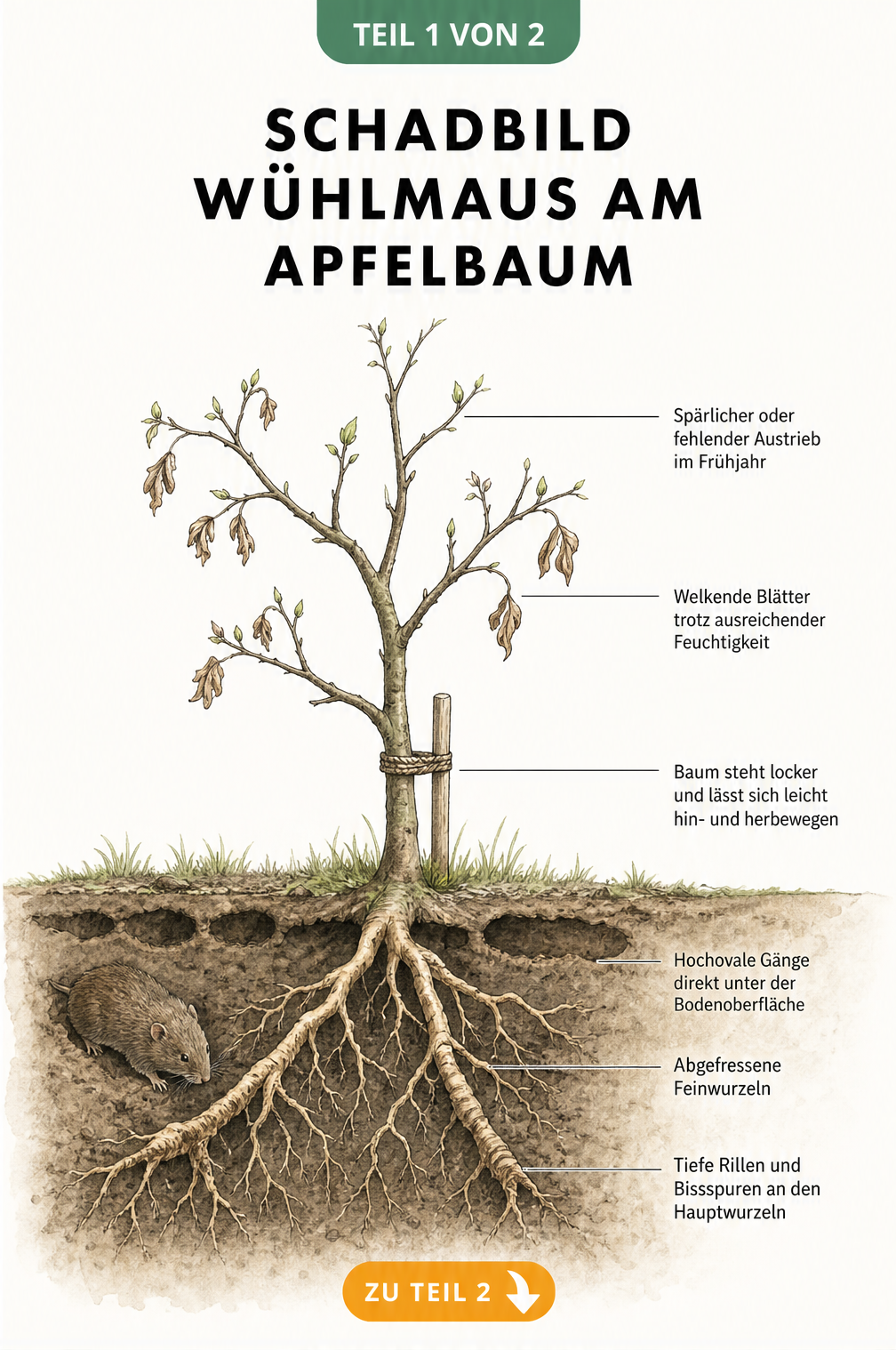 Illustration eines Apfelbaums mit Wühlmausschäden an den Wurzeln und welkenden Blättern