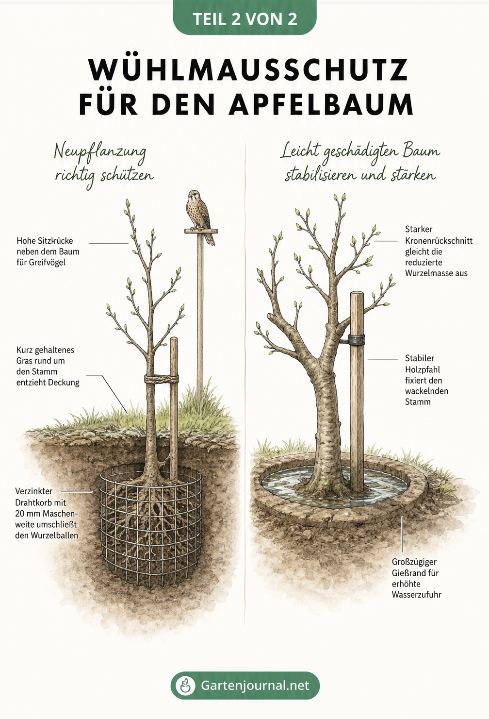 Illustration von Schutzmaßnahmen für Apfelbäume gegen Wühlmäuse wie Drahtkorb und Kronenrückschnitt
