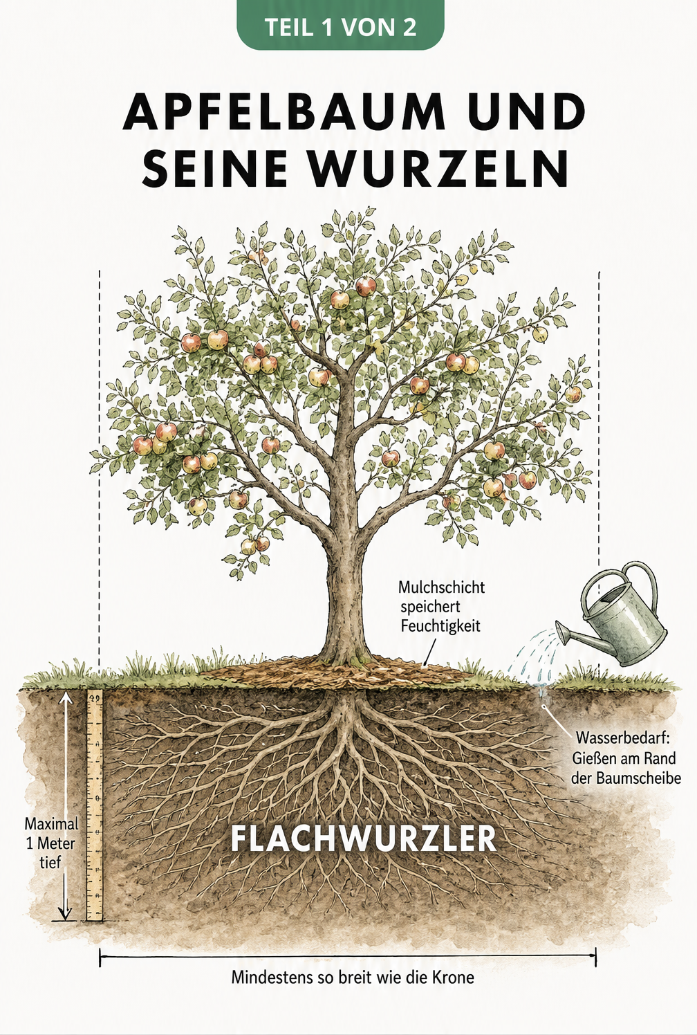 Querschnitt durch einen Apfelbaum und sein flaches Wurzelwerk im Erdreich