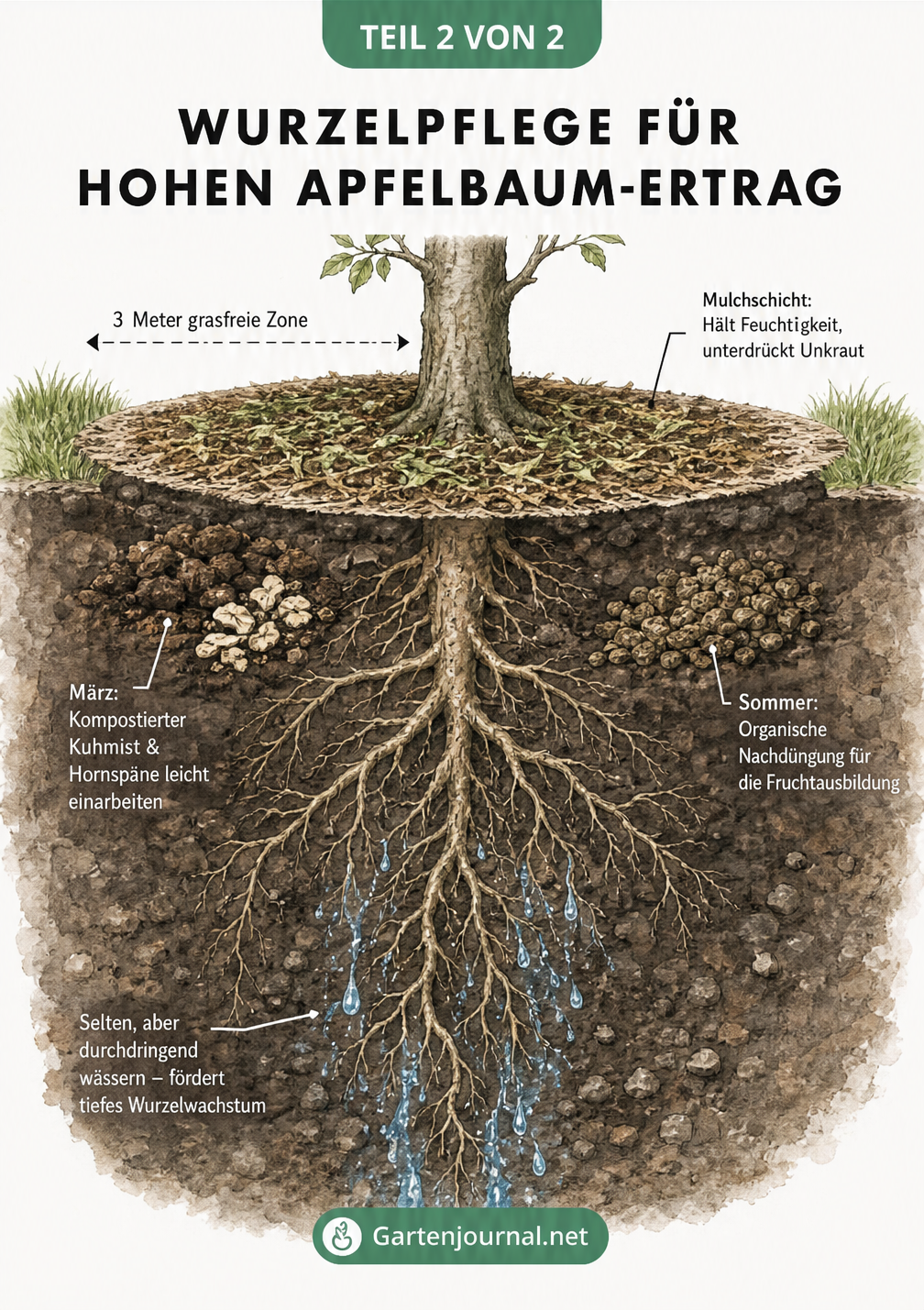 Querschnitt des Bodens um einen Apfelbaum mit Mulchschicht und tiefen Wurzeln