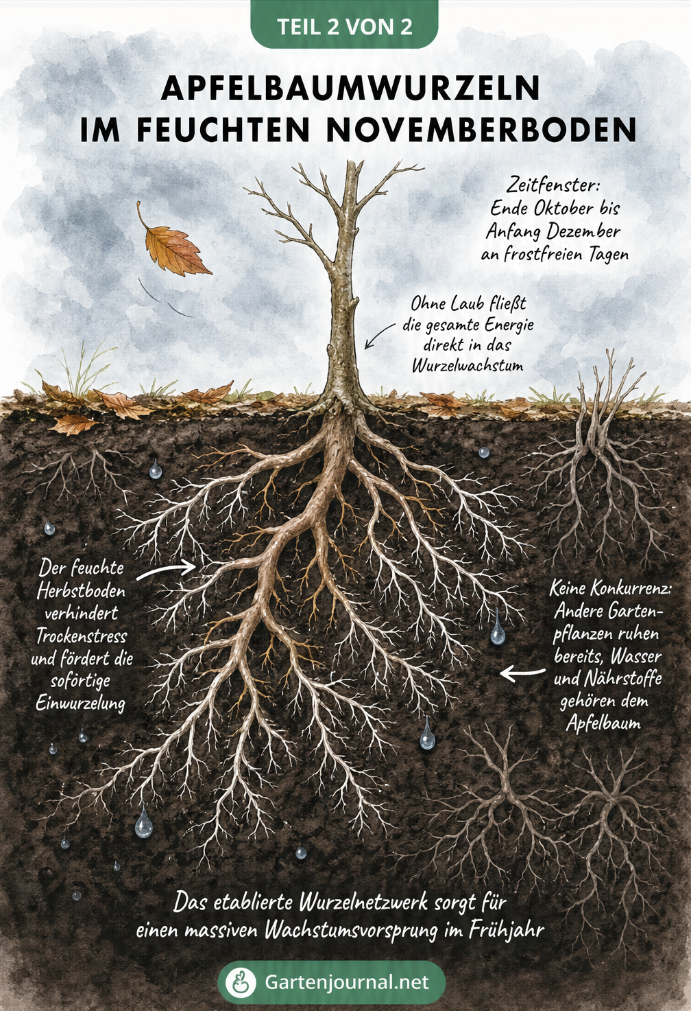 Illustration von Apfelbaumwurzeln im feuchten Novemberboden unter einem kahlen Stamm