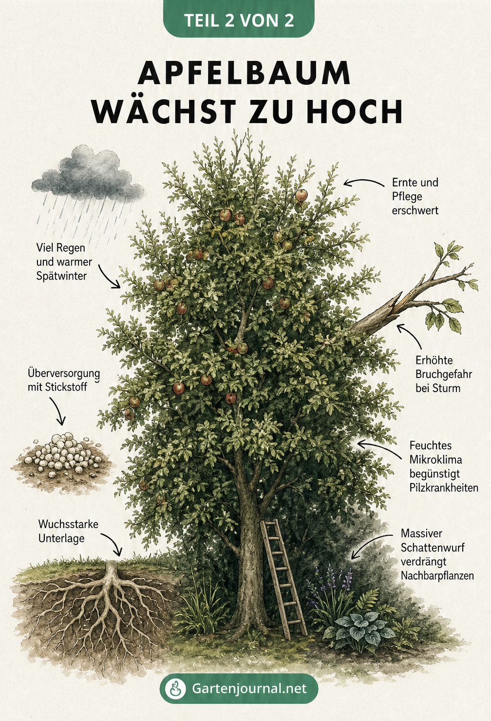 Illustration eines extrem hohen Apfelbaums mit Leiter, die Ursachen wie wuchsstarke Unterlage und Probleme wie erschwerte Ernte und Pilzkrankheiten zeigt.