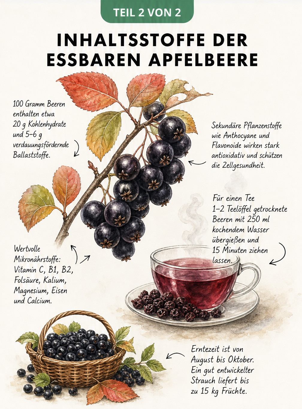 Aquarell-Zeichnung eines Apfelbeerstrauchs mit Nährwerten, Vitaminen und Zubereitungstipps für Tee