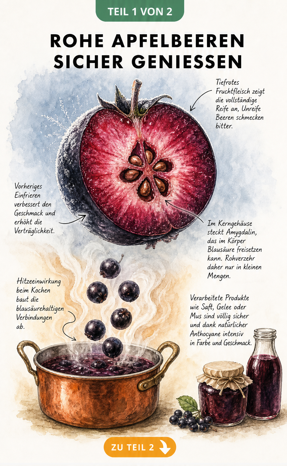 Illustration einer aufgeschnittenen Apfelbeere und eines dampfenden Topfes mit Hinweisen zum sicheren Verzehr