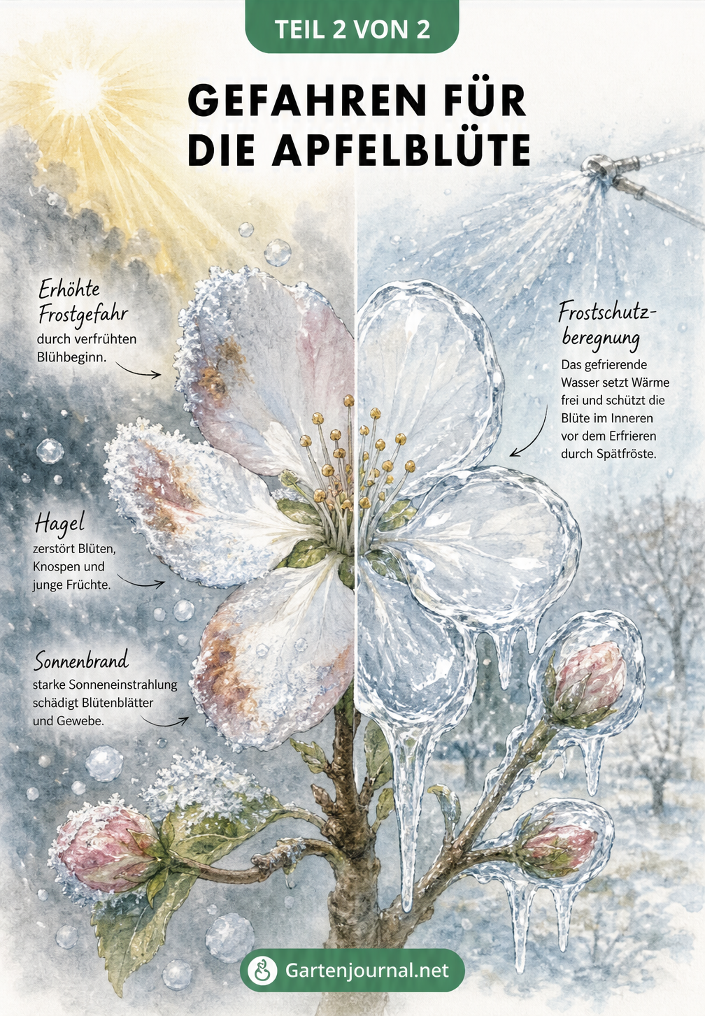 Botanische Illustration einer Apfelblüte zeigt Wettergefahren wie Frost und Hagel sowie den Schutz durch Frostschutzberegnung
