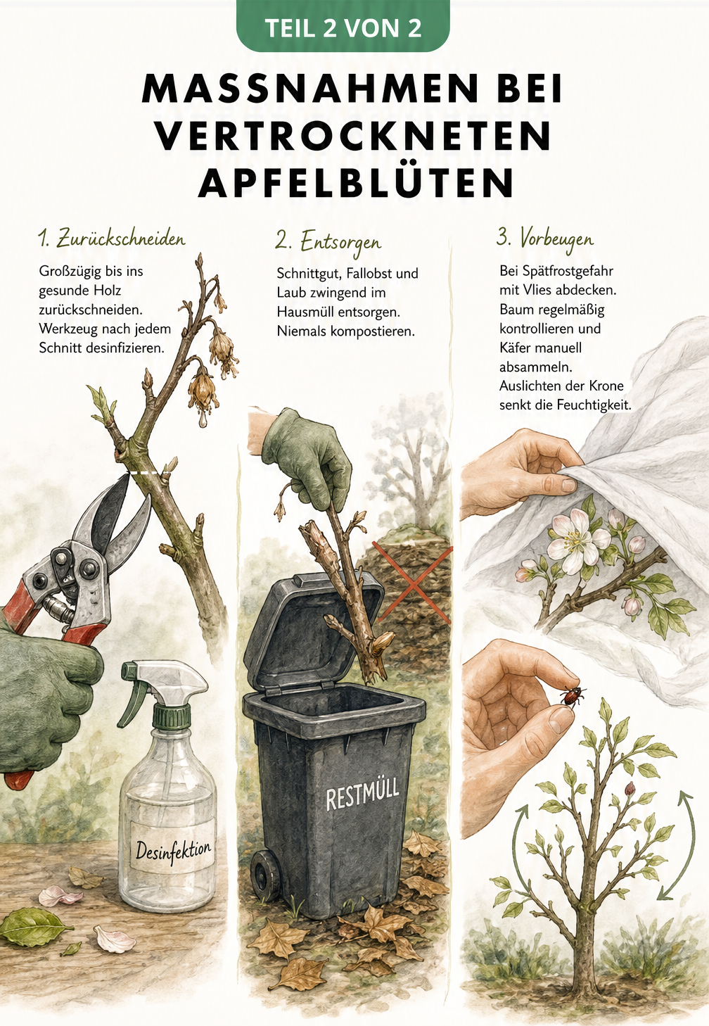 Illustration von Maßnahmen bei vertrockneten Apfelblüten: Rückschnitt ins gesunde Holz, Entsorgung im Hausmüll und Vorbeugung durch Vlies und Absammeln von...