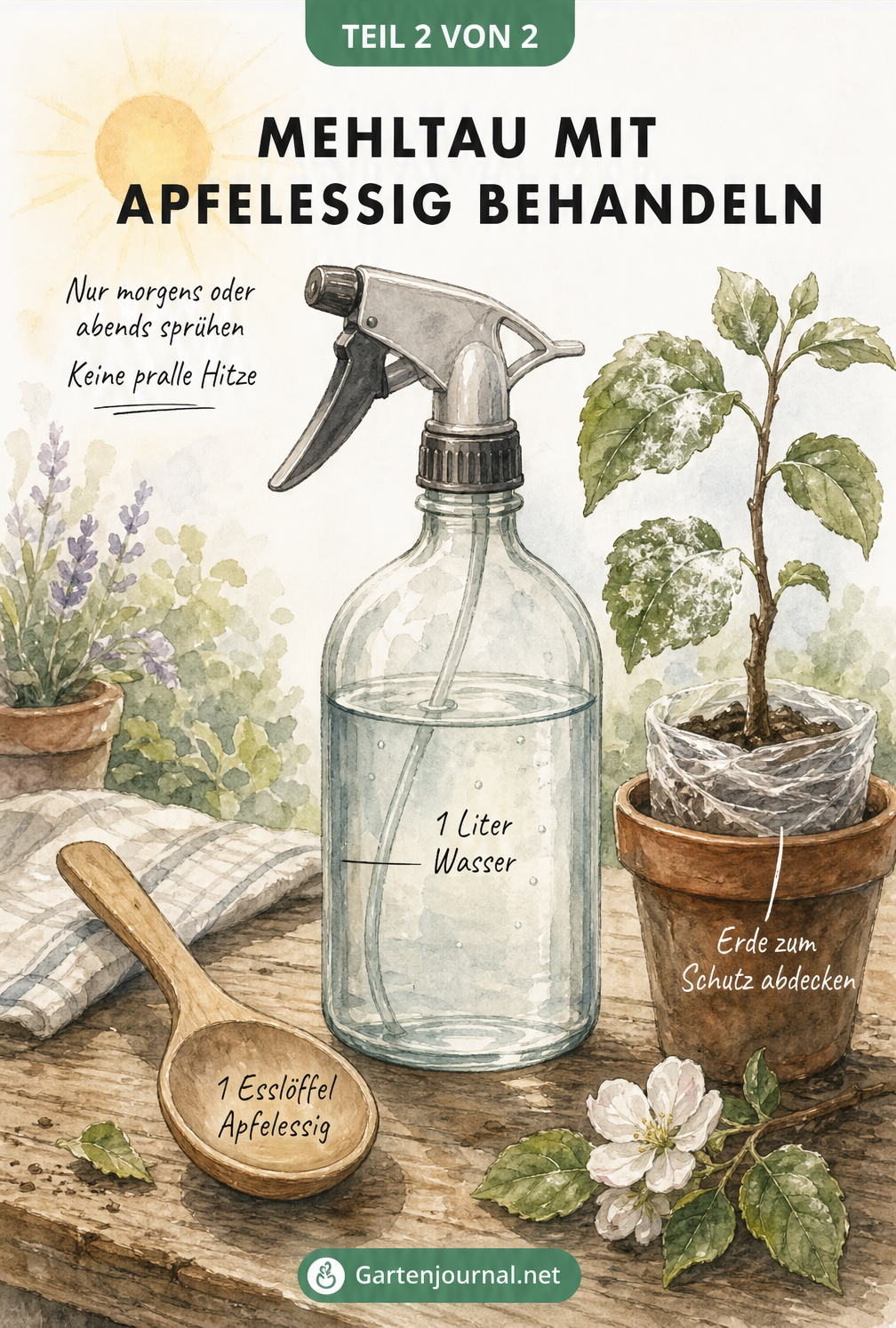 Illustration einer Sprühflasche mit Apfelessig-Wasser-Mischung zur Behandlung von Mehltau