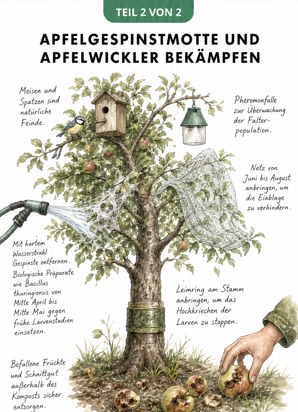 Übersicht der Bekämpfungsmaßnahmen gegen Apfelgespinstmotte und Apfelwickler am Apfelbaum, inklusive Nistkasten, Pheromonfalle und Leimring