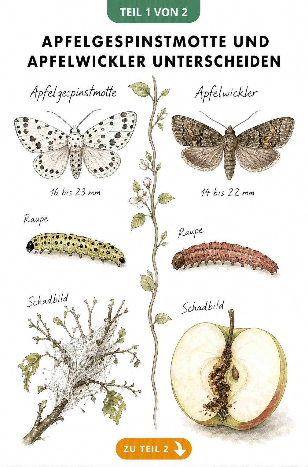 Illustration der Unterschiede zwischen Apfelgespinstmotte und Apfelwickler mit Falter, Raupe und Schadbild am Apfelbaum