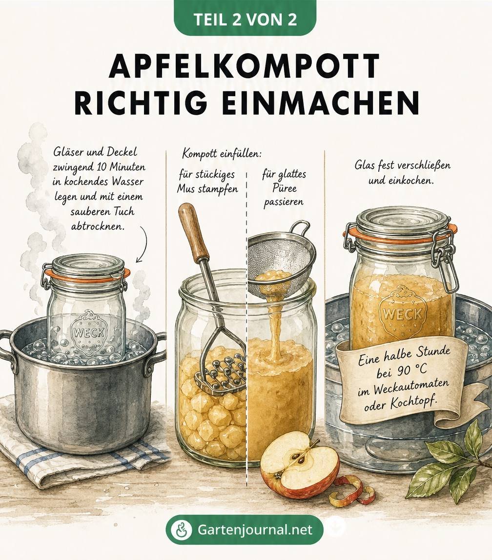Illustration von drei Einmachgläsern, die den Prozess des Sterilisierens, Abfüllens und Einkochens von Apfelkompott zeigen
