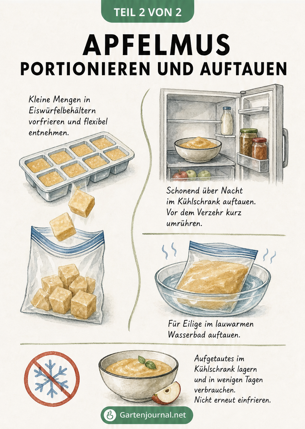 Illustration zum Portionieren und Auftauen von Apfelmus mit Eiswürfelform, Kühlschrank und Wasserbad