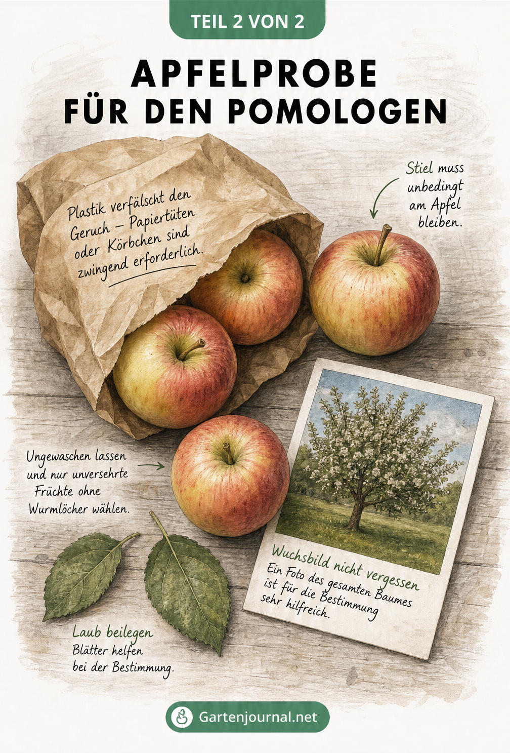 Stillleben mit Äpfeln in einer Papiertüte, Blättern und Hinweisen zur Vorbereitung für den Pomologen