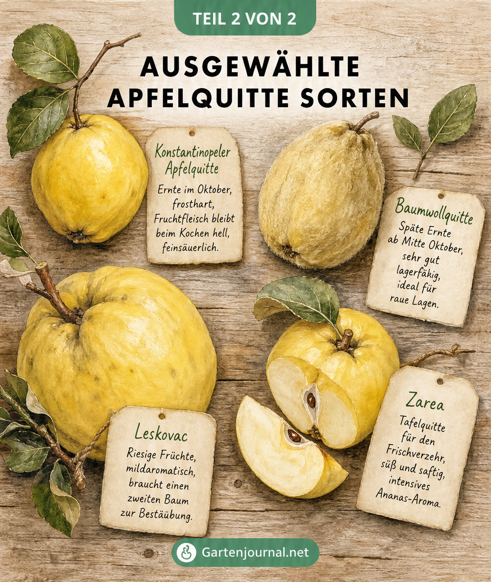 Illustration von vier Apfelquitten-Sorten auf einem Holzbrett mit Etiketten