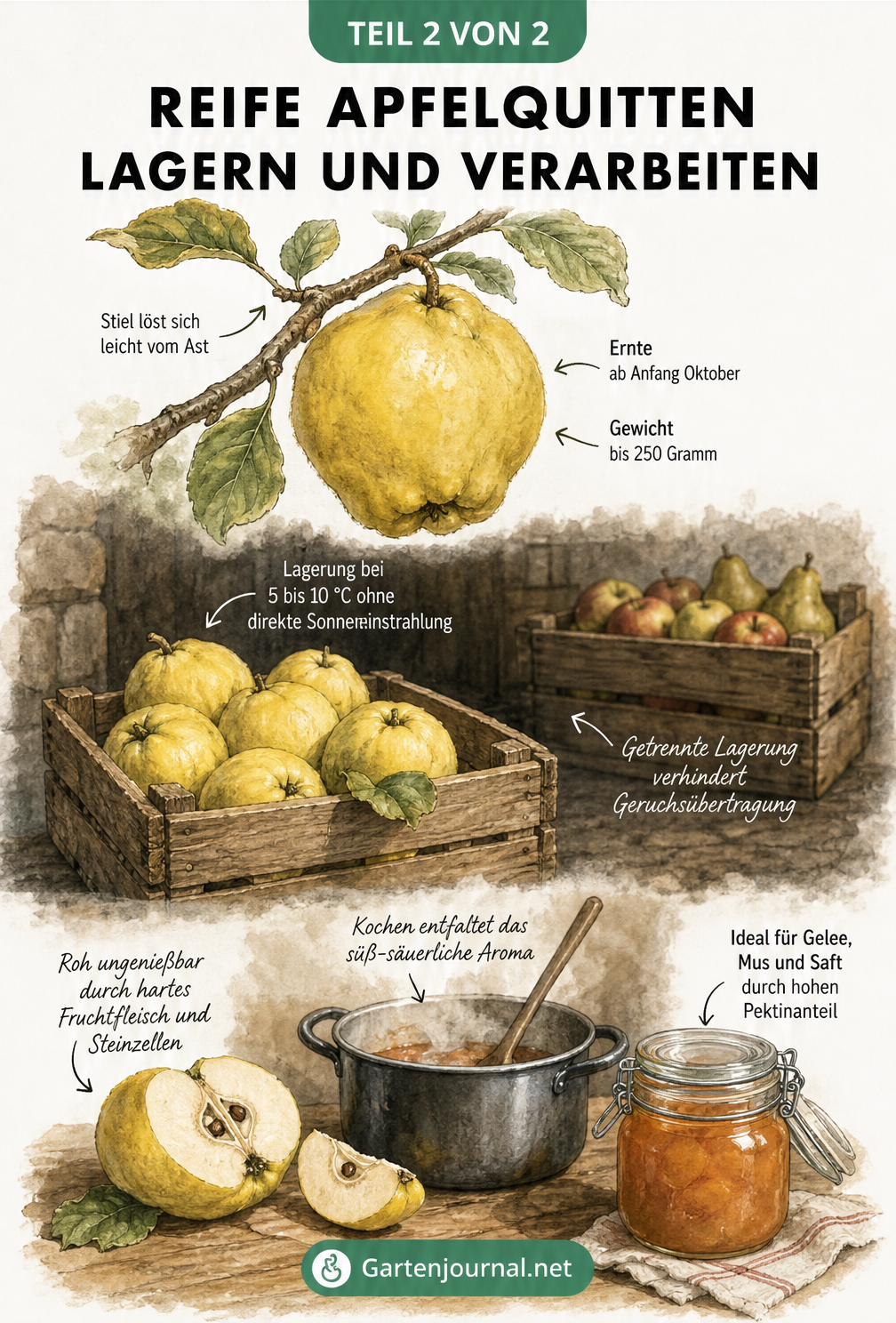 Illustration zur Ernte, Lagerung und Verarbeitung von Apfelquitten