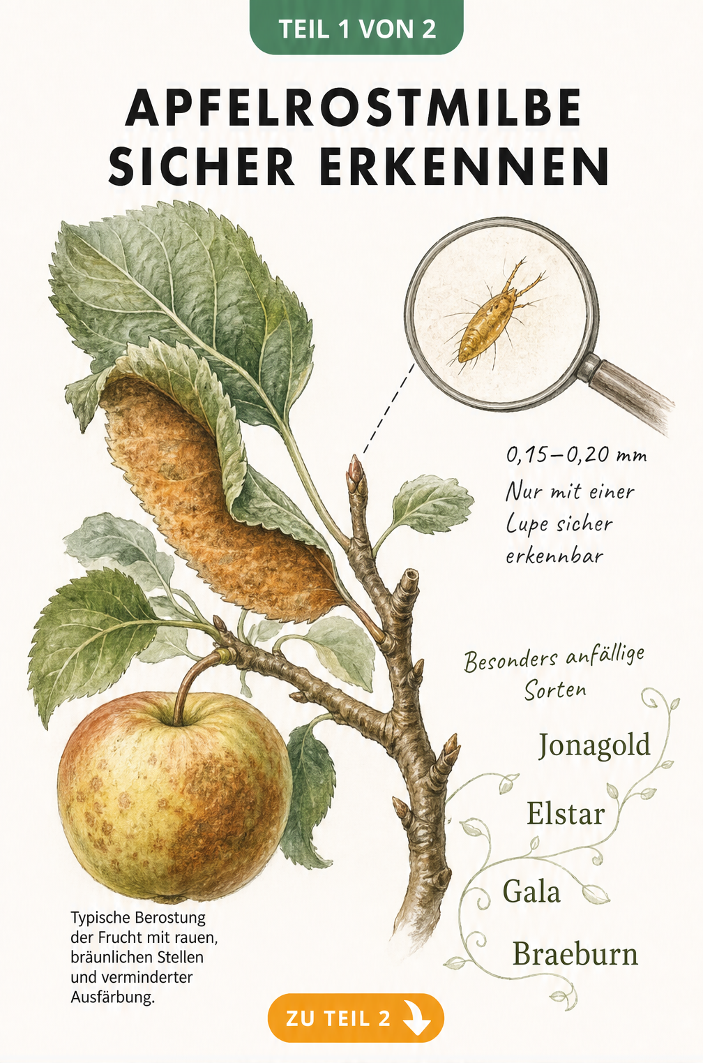 Botanische Illustration eines Apfelzweigs mit eingerolltem Blatt, rostig-brauner Verfärbung und vergrößerter Darstellung einer Apfelrostmilbe unter der Lupe.