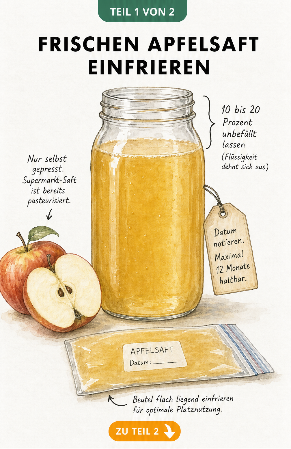 Illustration eines Einmachglases mit Apfelsaft, das zu 80 Prozent gefüllt ist, daneben ein aufgeschnittener Apfel und ein Gefrierbeutel.
