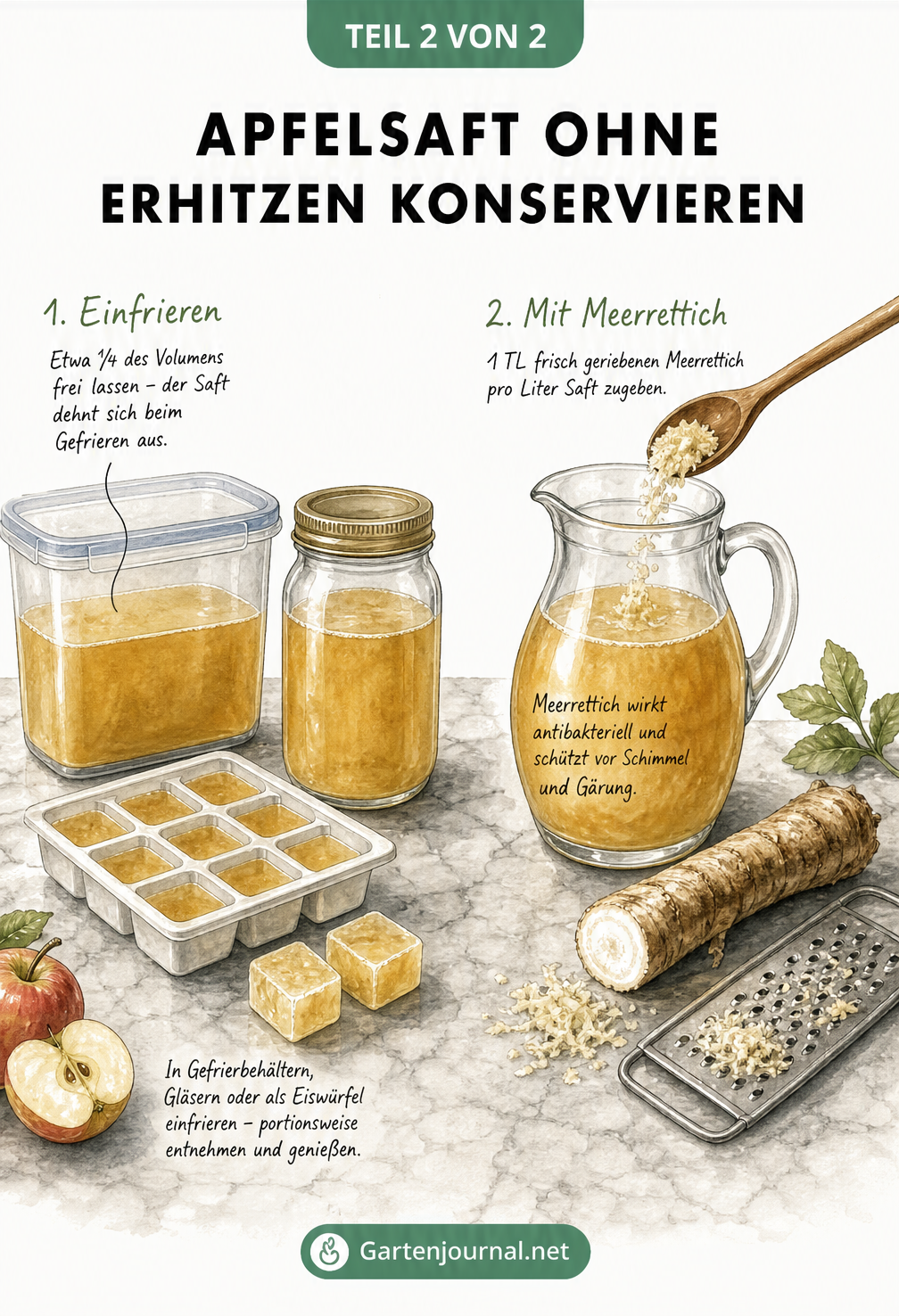 Illustration von Apfelsaft in Gefrierbehältern und einem Glaskrug mit frisch geriebenem Meerrettich.