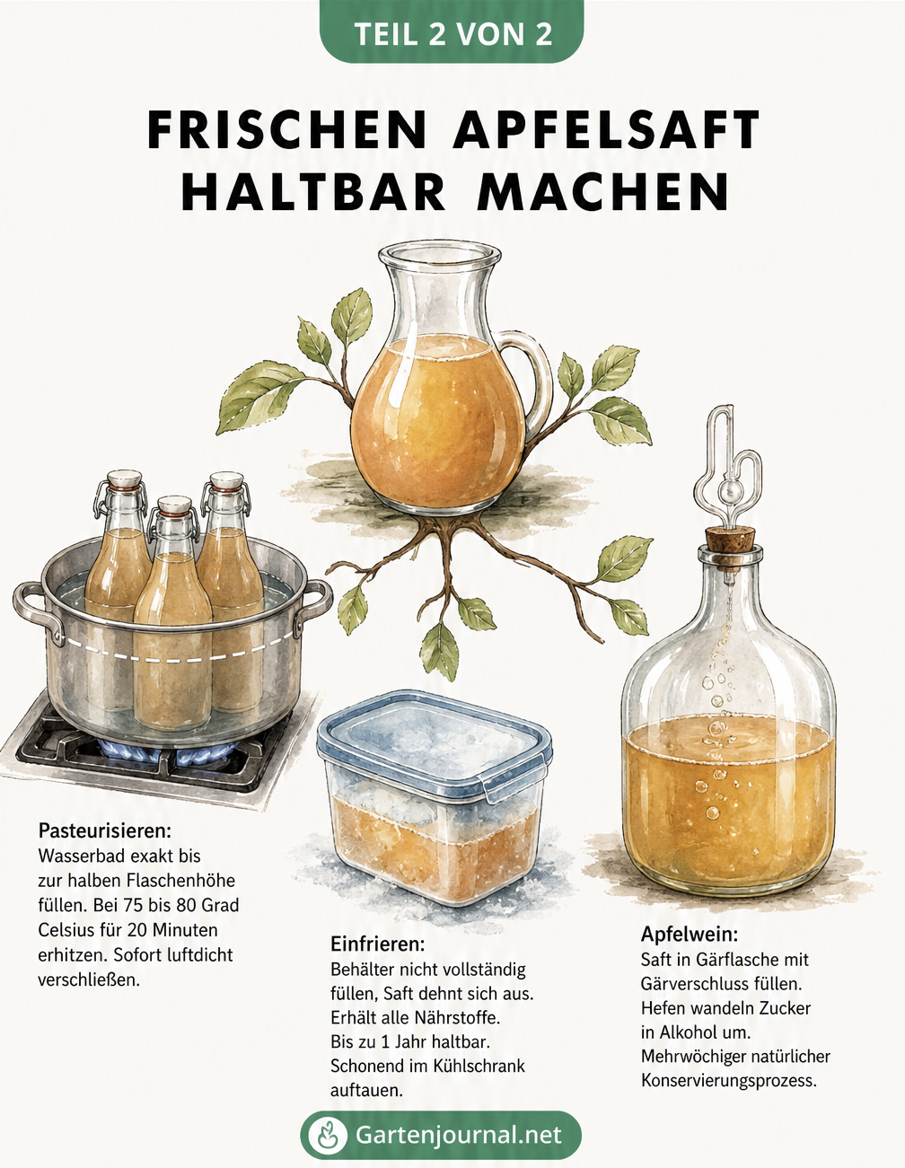 Illustration von drei Methoden zur Haltbarmachung von Apfelsaft: Pasteurisieren im Wasserbad, Einfrieren in Vorratsdosen und Gären zu Apfelwein.