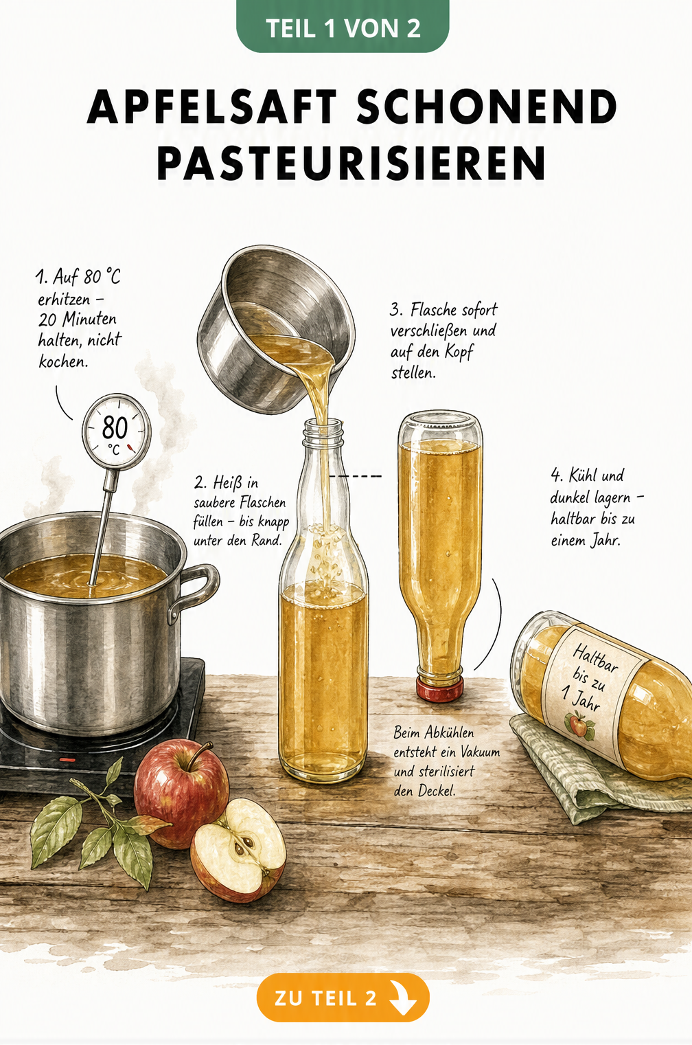 Illustration einer Küchenszene: Apfelsaft wird in einem Topf auf 80 Grad erhitzt und in eine Glasflasche abgefüllt.