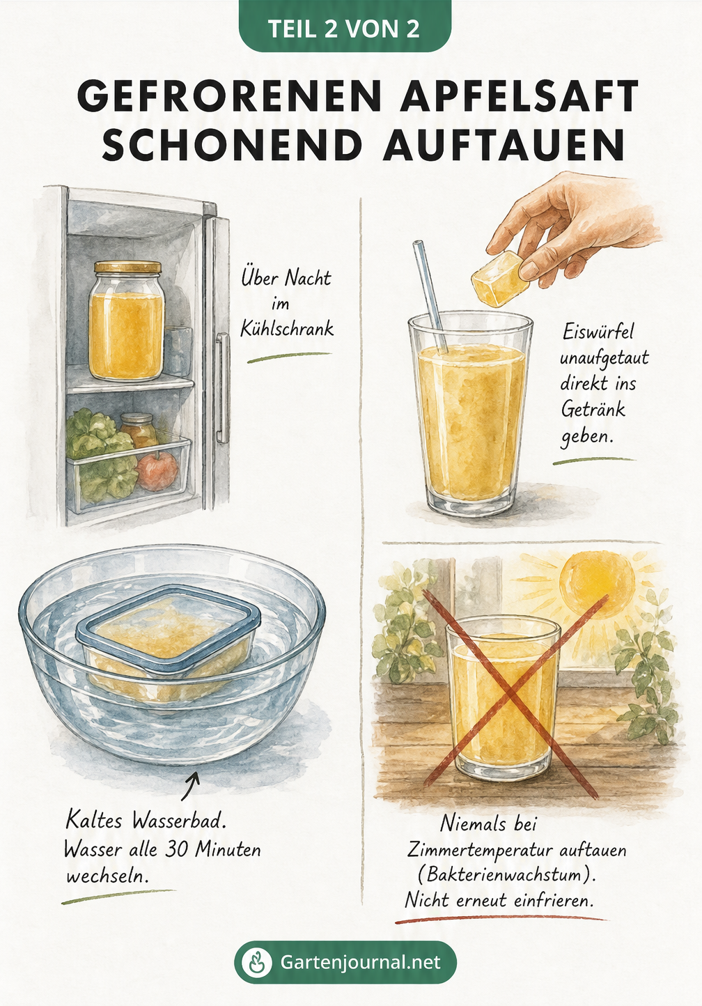 Illustration verschiedener Methoden zum Auftauen von Apfelsaft: im Kühlschrank, im kalten Wasserbad und als Eiswürfel direkt im Getränk.