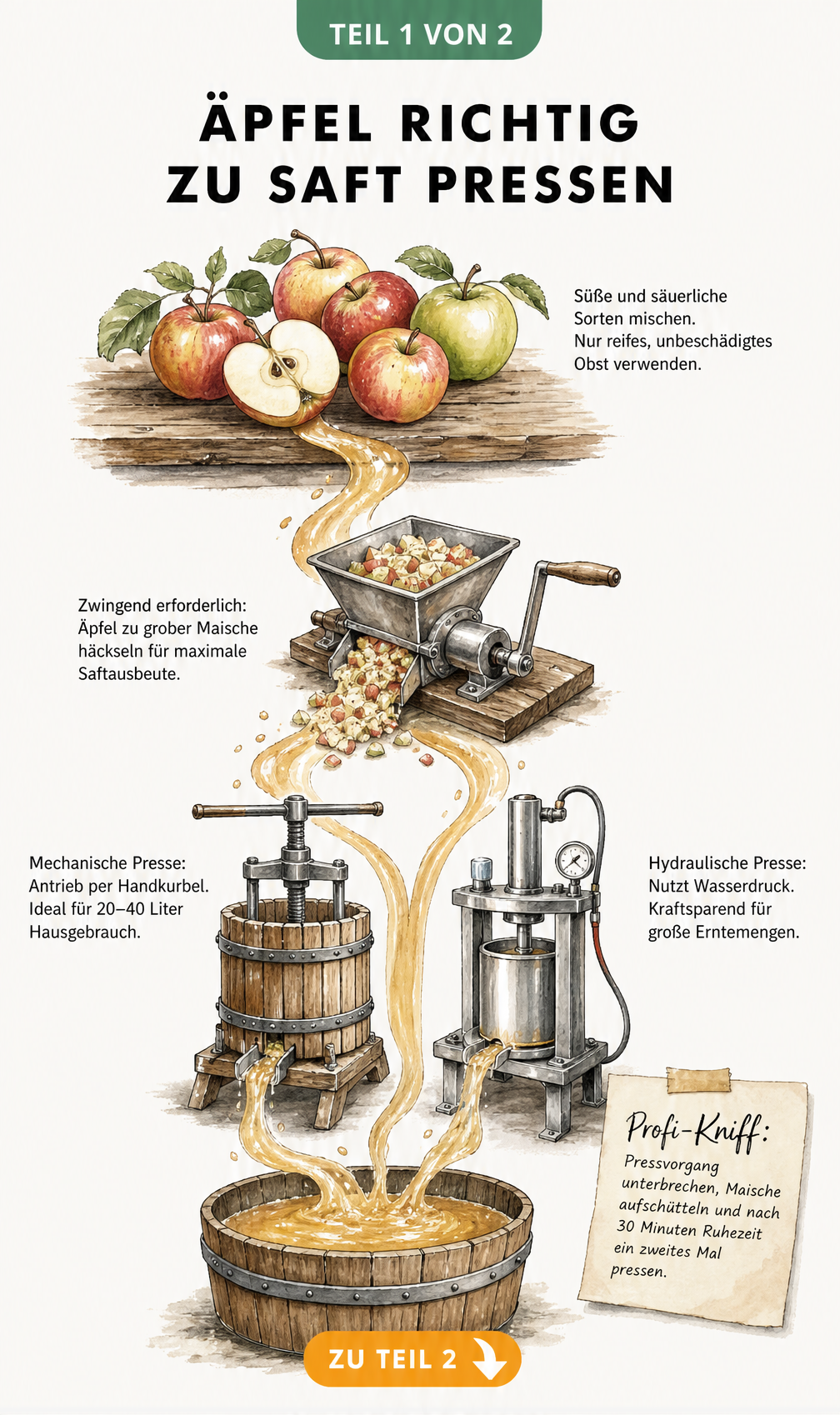 Illustration des Weges vom Apfel zum Saft, von der Auswahl über das Zerkleinern bis zum Pressen mit mechanischer und hydraulischer Presse.