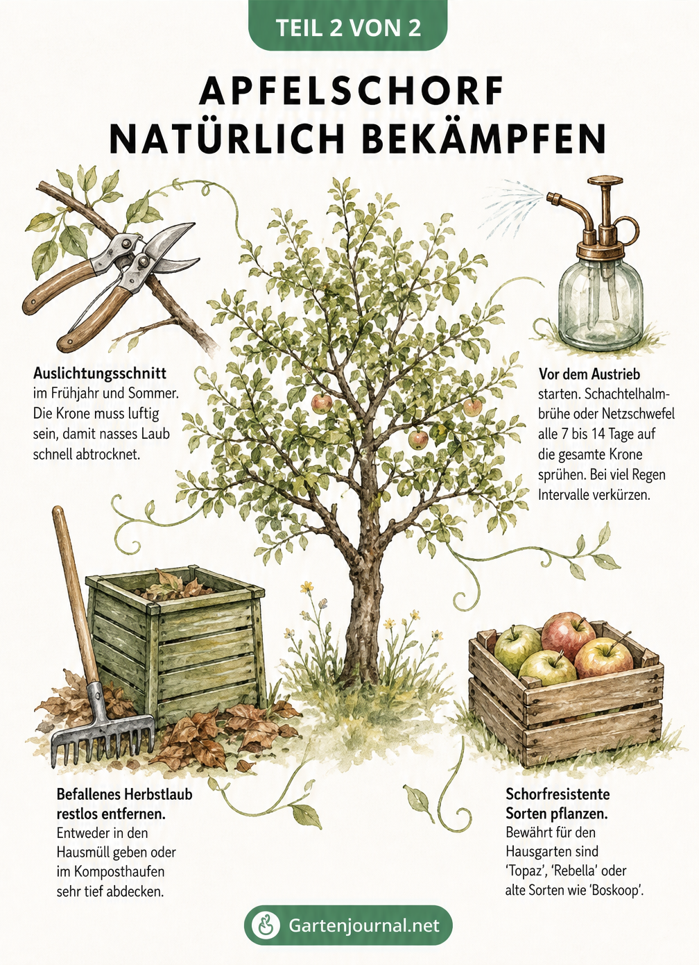 Illustration natürlicher Methoden zur Bekämpfung von Apfelschorf wie Baumschnitt und Laubentfernung