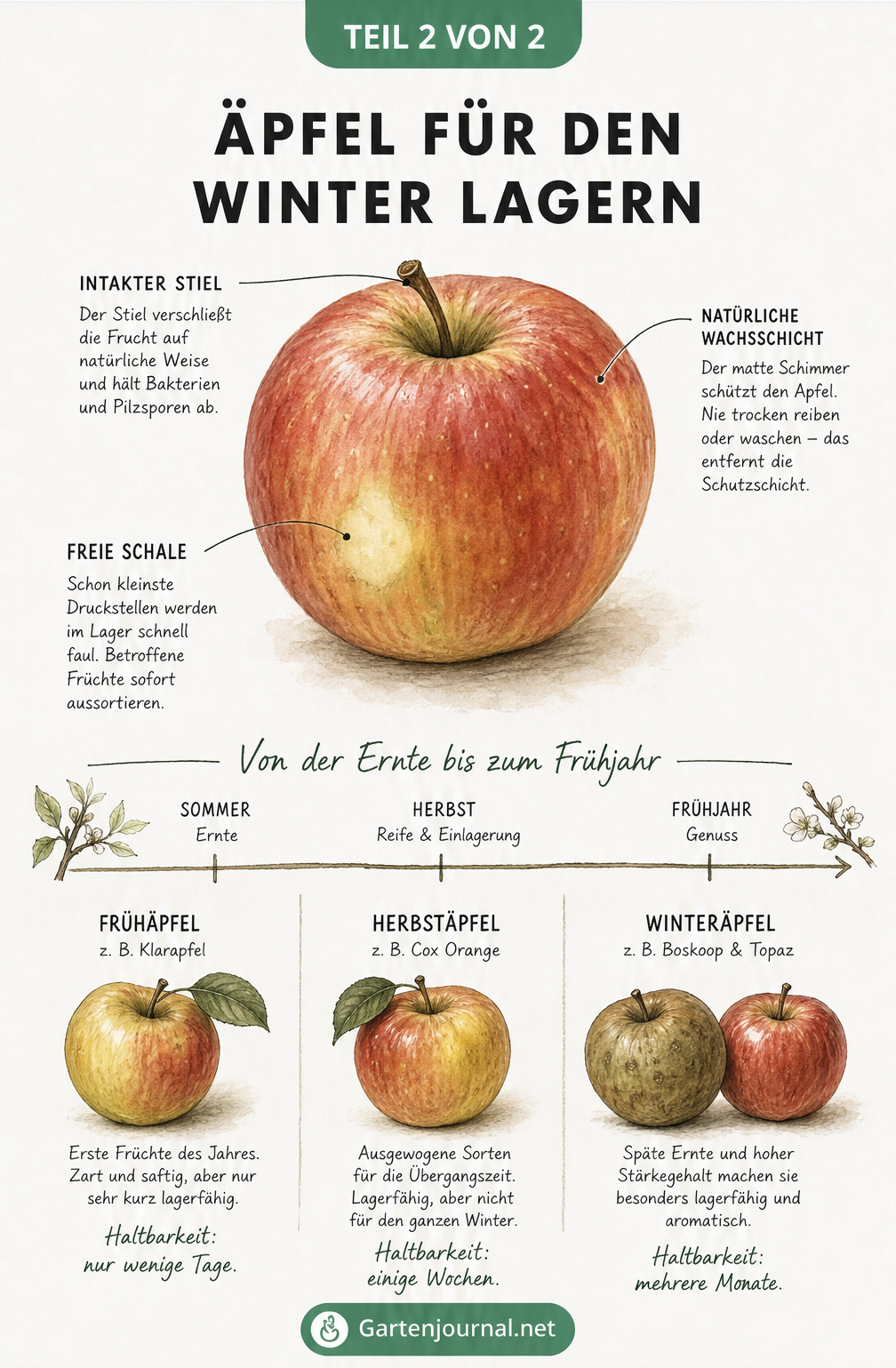 Grafik eines Apfels mit Hinweisen zu Stiel und Schale sowie einer Zeitachse zur Haltbarkeit von Früh-, Herbst- und Winteräpfeln