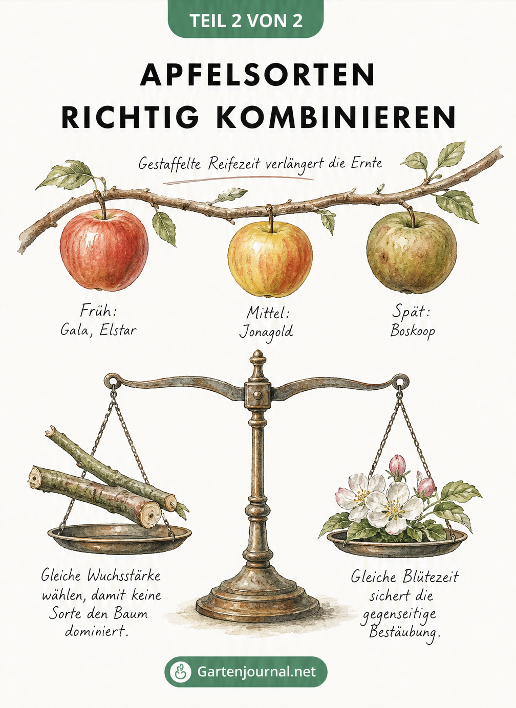 Skizze zur Kombination von Apfelsorten mit einer Waage für Wuchsstärke und einem Ast für gestaffelte Reifezeiten