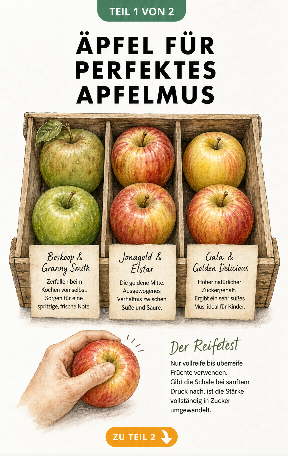 Illustration verschiedener Apfelsorten in einer Holzkiste mit Hinweisen zu Geschmack und Reifegrad für Apfelmus