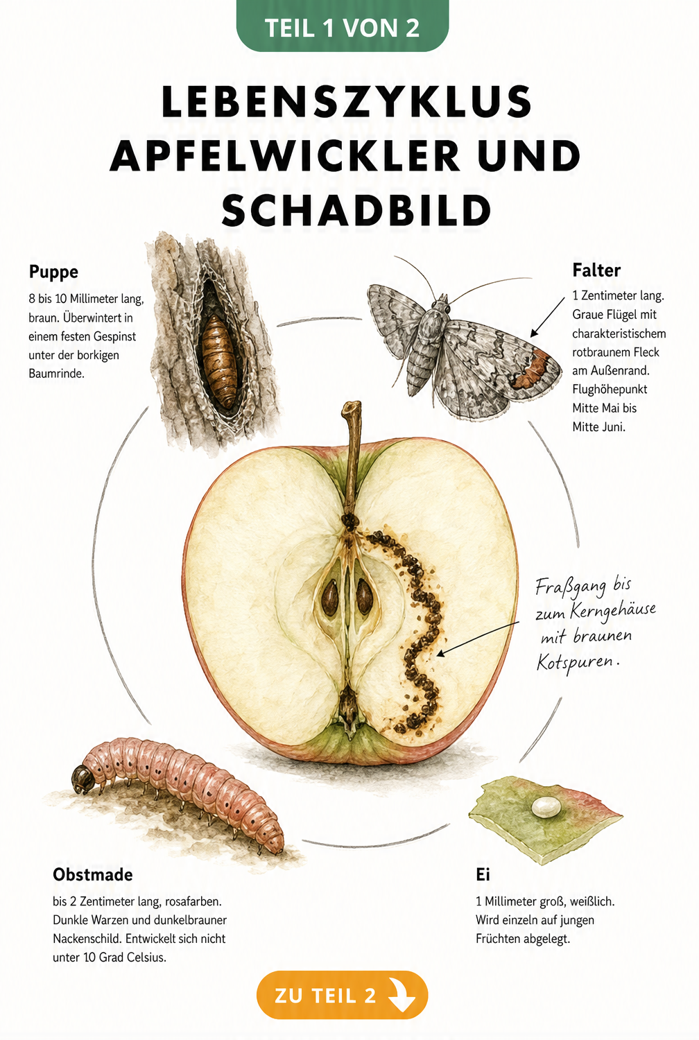 Illustration des Apfelwickler-Lebenszyklus mit Falter, Ei, Raupe und Puppe um einen aufgeschnittenen Apfel mit Fraßgang
