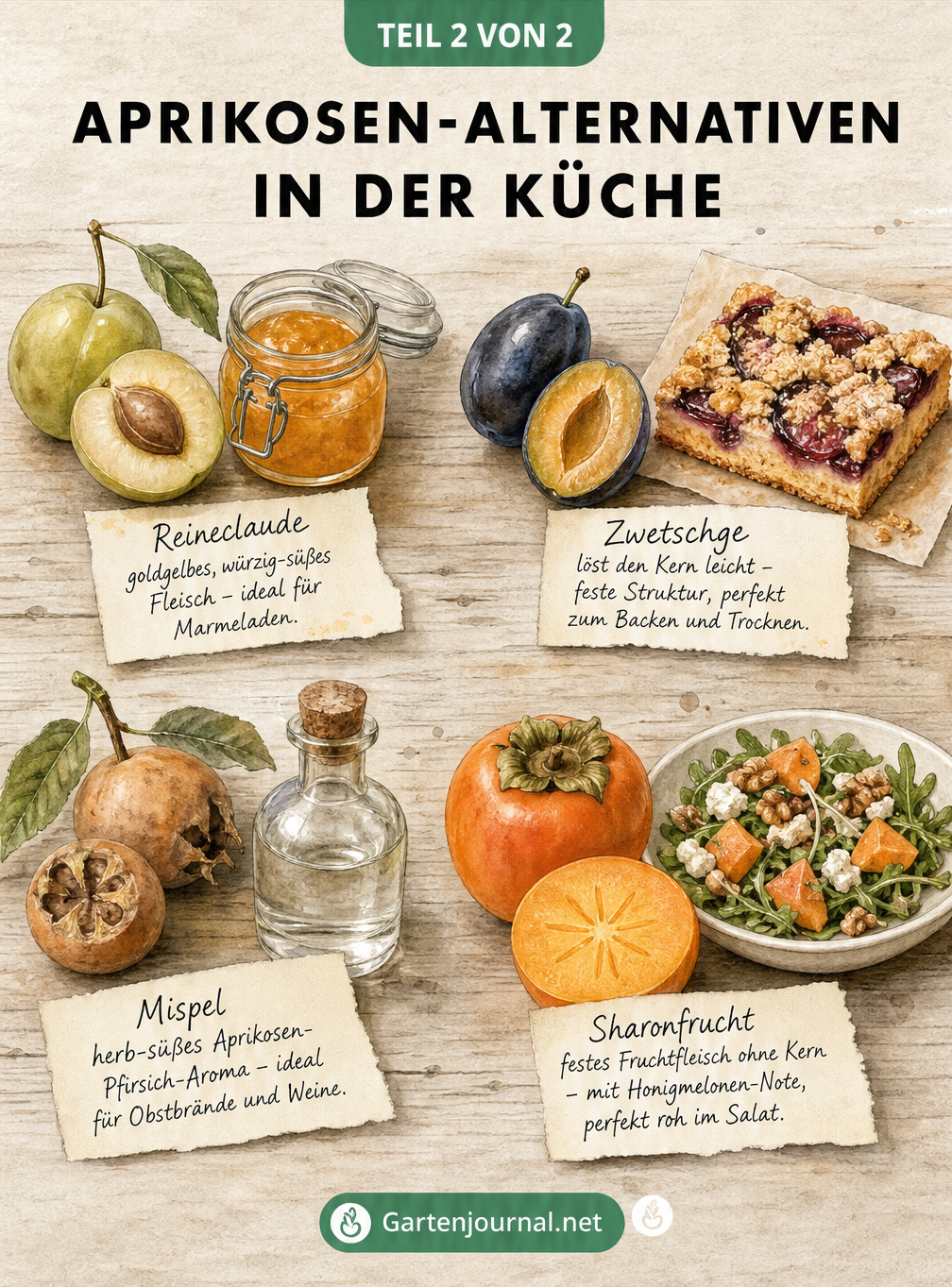 Illustration von Reineclaude, Zwetschge, Mispel und Sharonfrucht mit ihren Verwendungsmöglichkeiten in der Küche