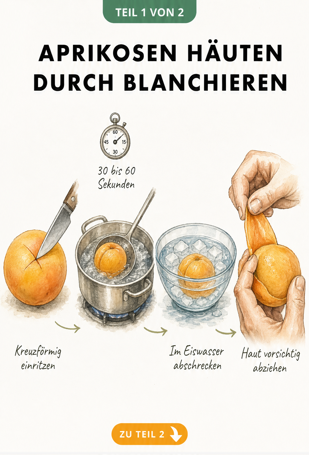 Illustration der vier Schritte zum Blanchieren von Aprikosen: Einritzen, Kochen, Abschrecken und Häuten.