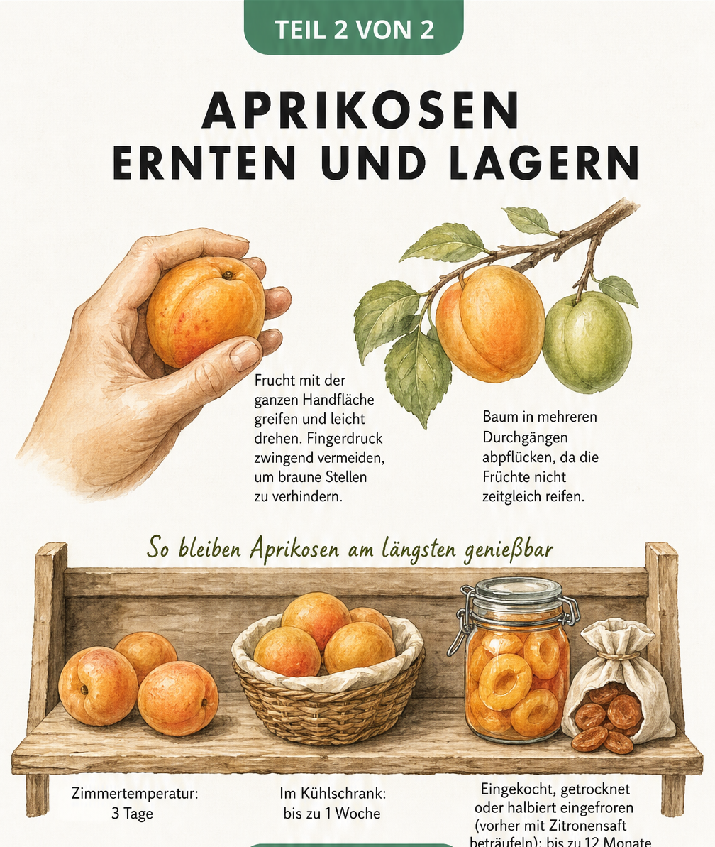Illustration zum Ernten und Lagern von Aprikosen, die zeigt, wie man die Frucht greift, sowie eine Haltbarkeitsskala für Zimmertemperatur, Kühlschrank und...