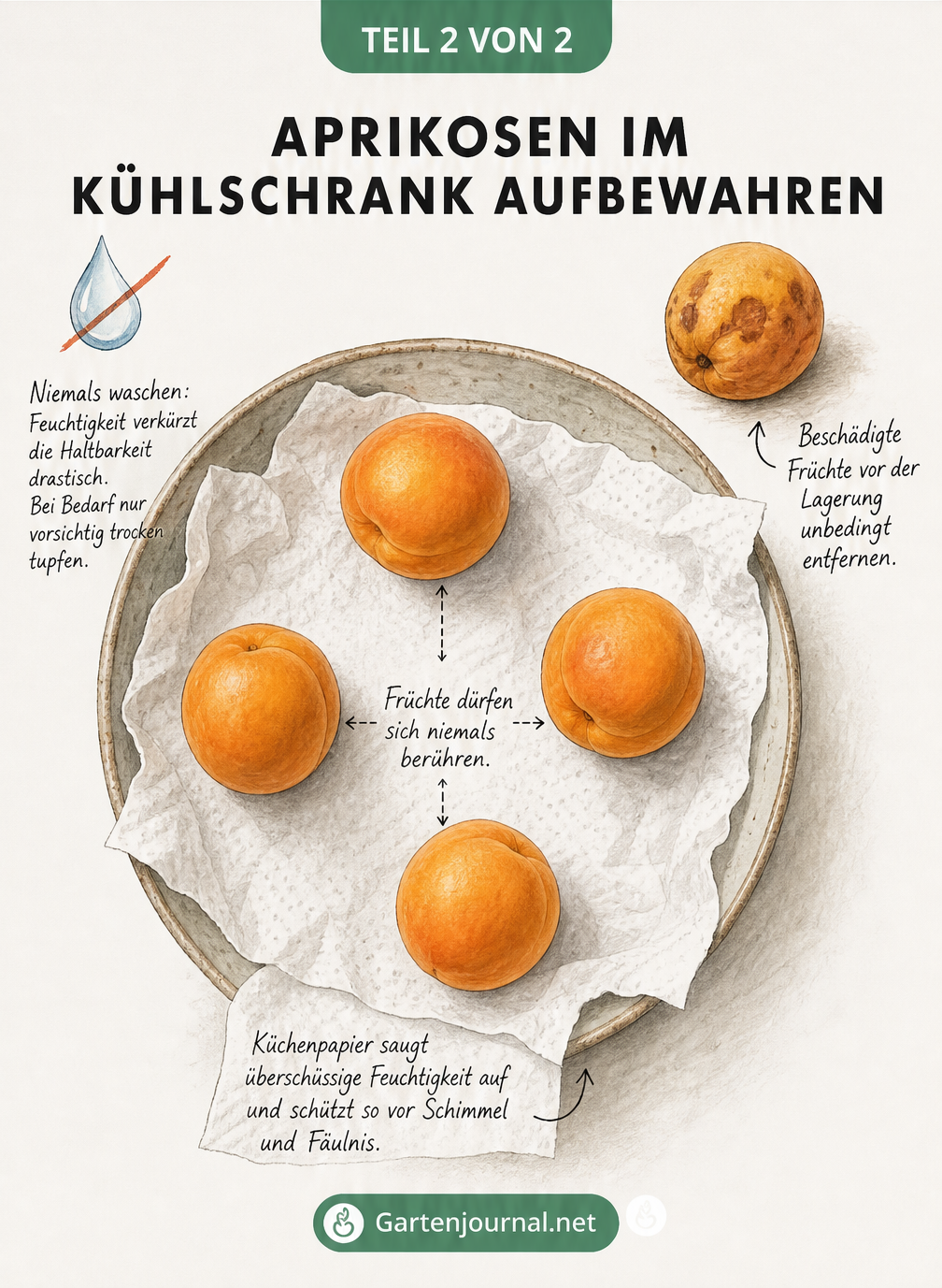 Illustration von vier reifen Aprikosen in einer Schale mit Küchenpapier, die sich nicht berühren