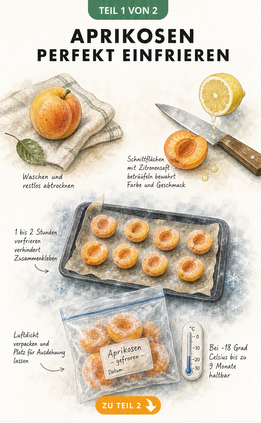 Illustration der Schritte zum Einfrieren von Aprikosen: Waschen, Schneiden, mit Zitronensaft beträufeln, Vorfrieren auf einem Backblech und luftdichtes...