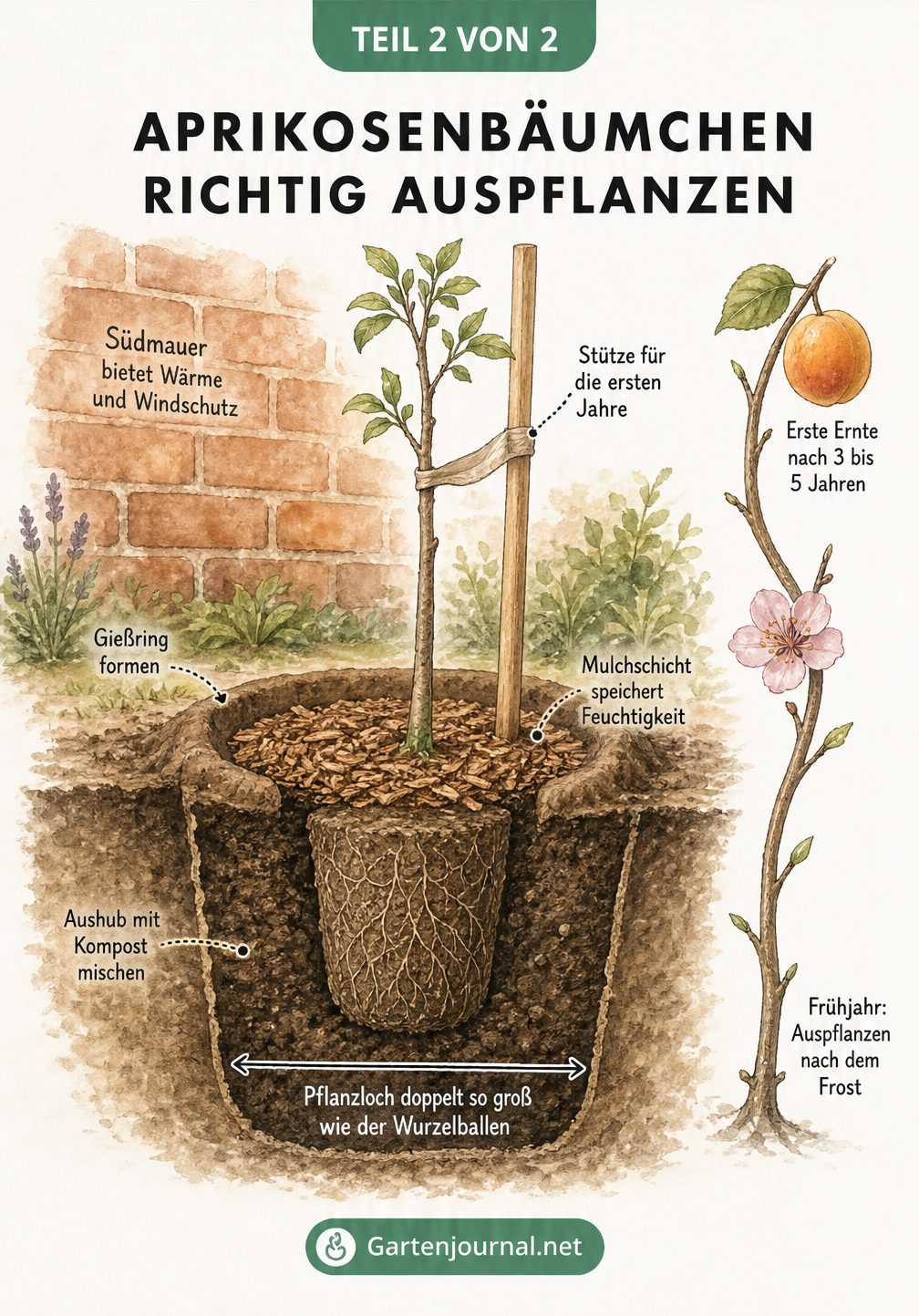 Querschnitt-Zeichnung eines jungen Aprikosenbäumchens beim Auspflanzen in den Garten mit Gießring, Mulchschicht und Stützpfahl.