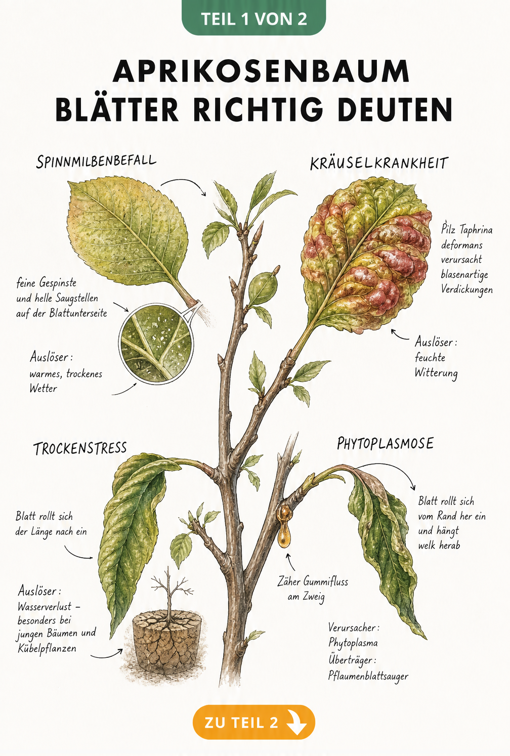 Botanische Illustration von Aprikosenblättern mit Schadbildern wie Spinnmilben, Kräuselkrankheit, Trockenstress und Phytoplasmose.