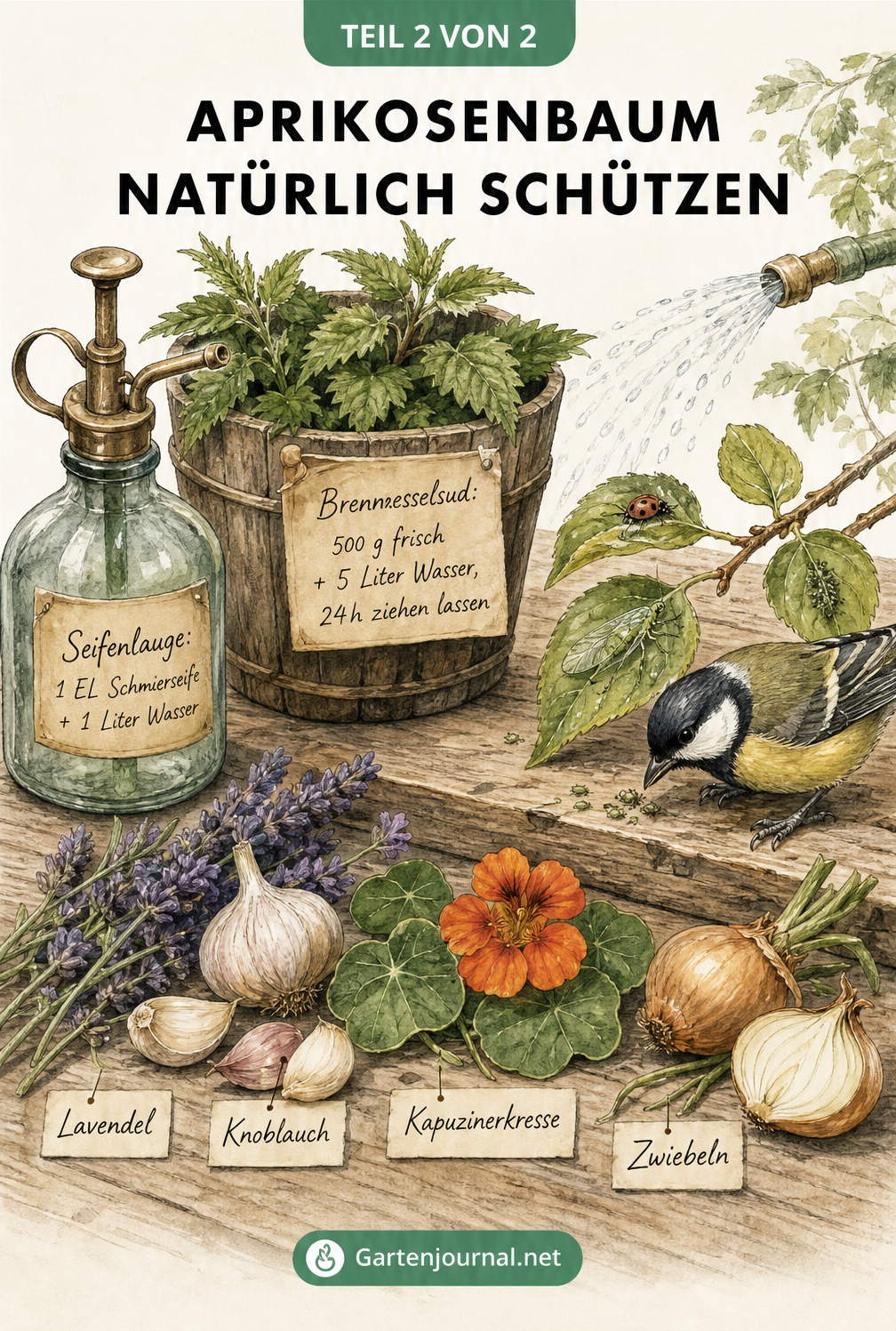 Illustration eines Gärtnertisches mit natürlichen Hausmitteln gegen Blattläuse wie Seifenlauge, Brennnesselsud und Nützlingen
