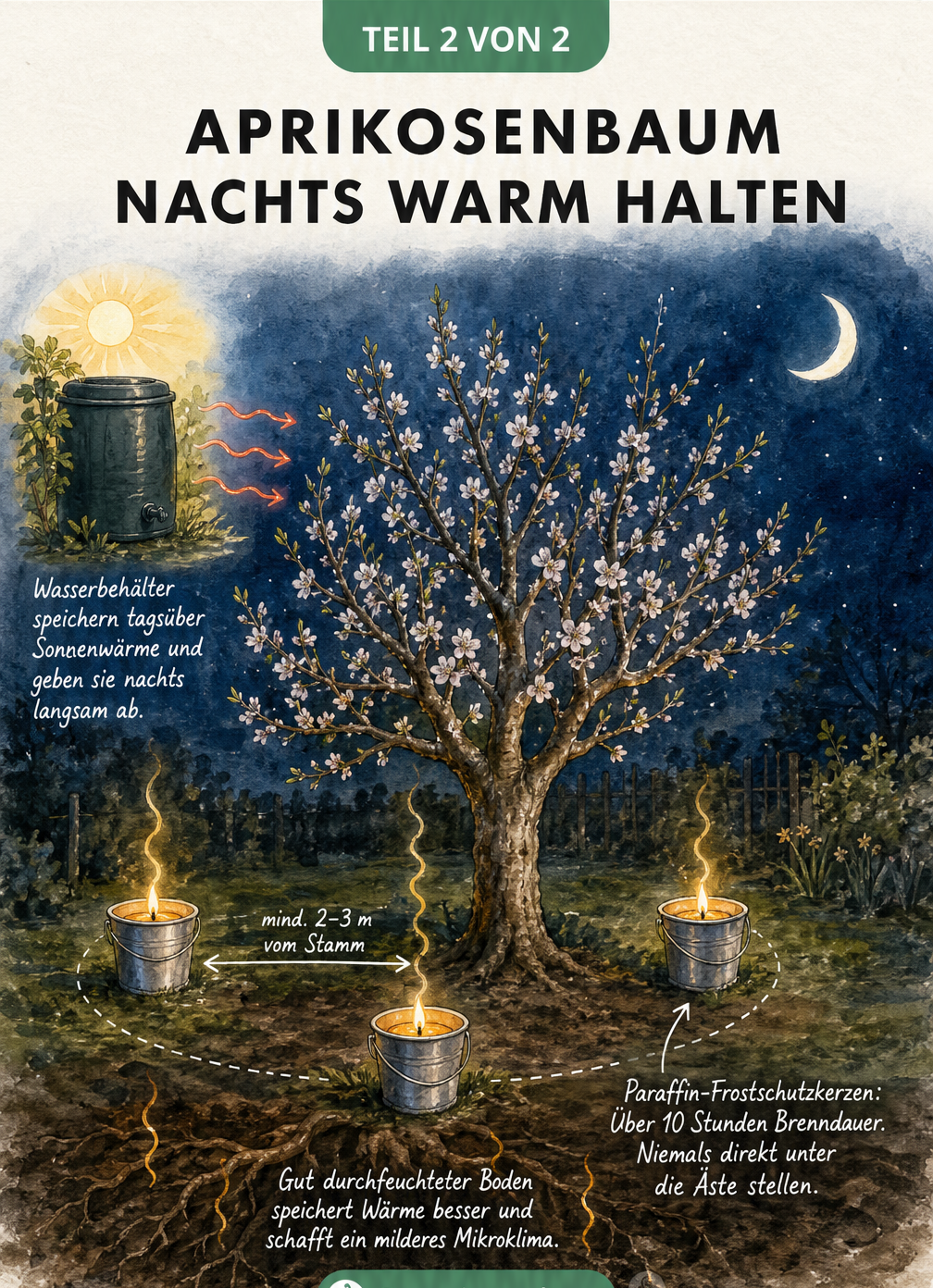 Aquarell-Illustration eines Aprikosenbaums bei Nacht mit Frostschutzkerzen, einem Regenfass als Wärmespeicher und feuchtem Boden