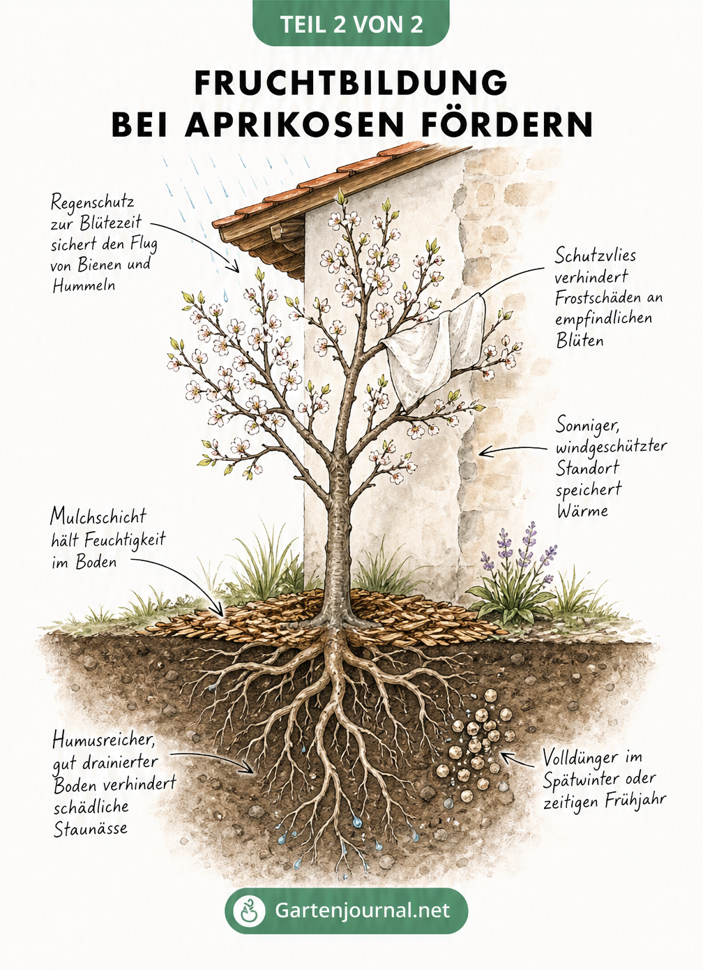 Schnittzeichnung eines Aprikosenbaums an einer Hauswand mit Tipps zur Förderung der Fruchtbildung