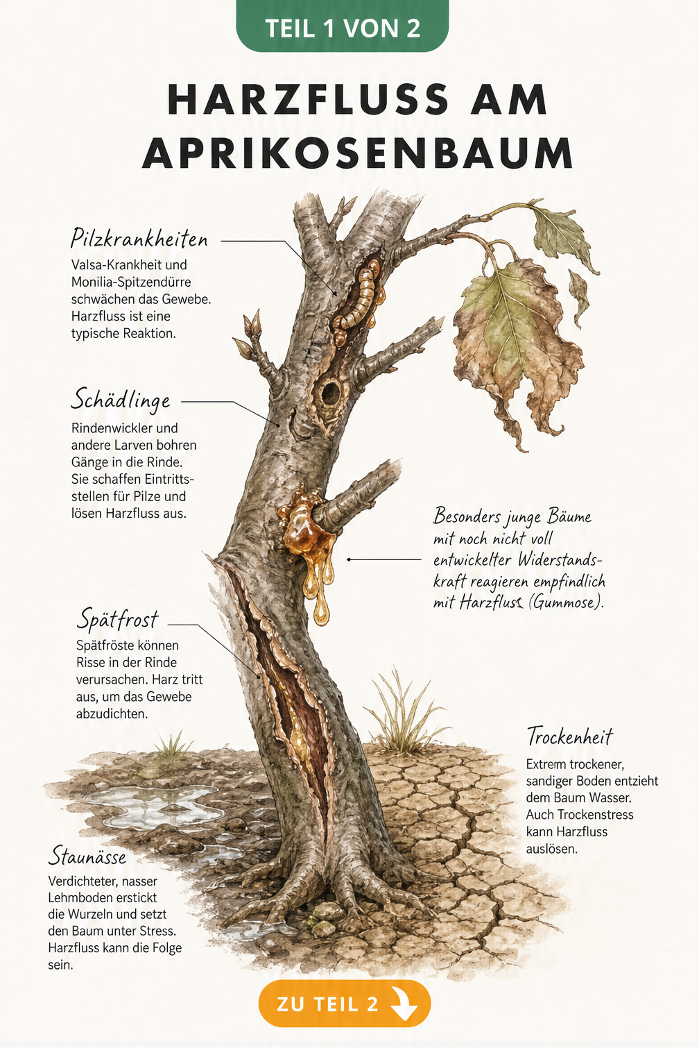 Illustration eines Aprikosenastes mit Harzfluss, verursacht durch Pilzkrankheiten, Schädlinge, Frost und Bodenprobleme