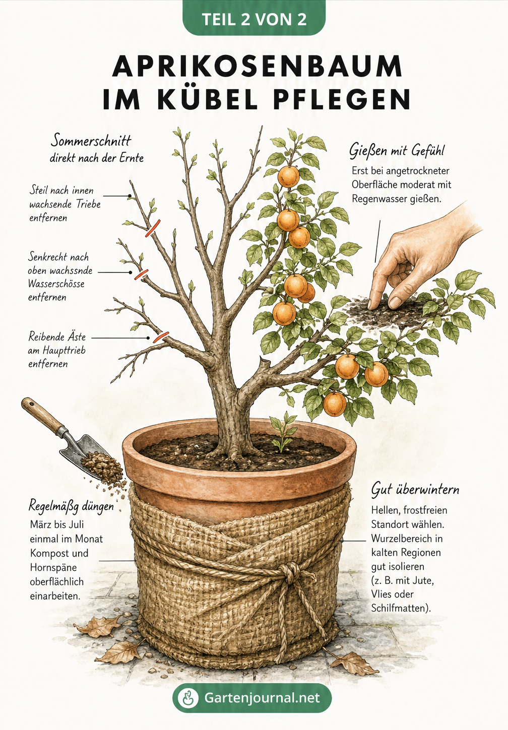 Illustration eines Aprikosenbaums im Topf mit Hinweisen zu Sommerschnitt, Bewässerung, Düngung und Winterschutz.