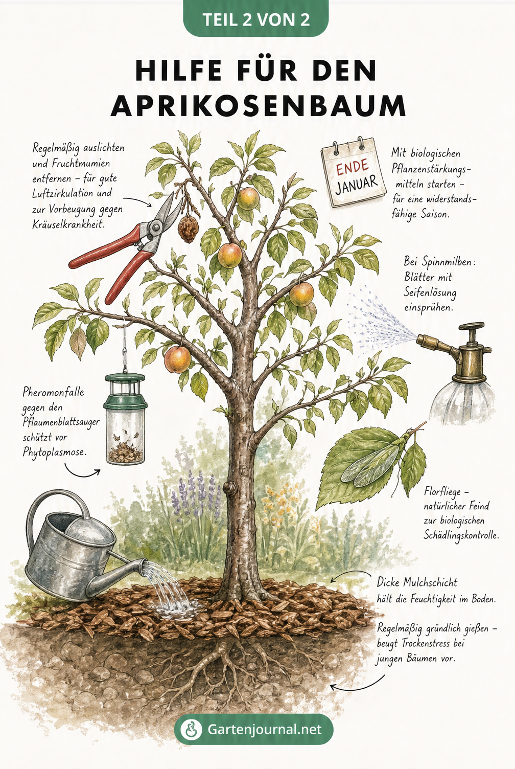 Illustration eines Aprikosenbaums mit Pflegemaßnahmen wie Mulchen, Gießen, Pheromonfalle und Baumschnitt.