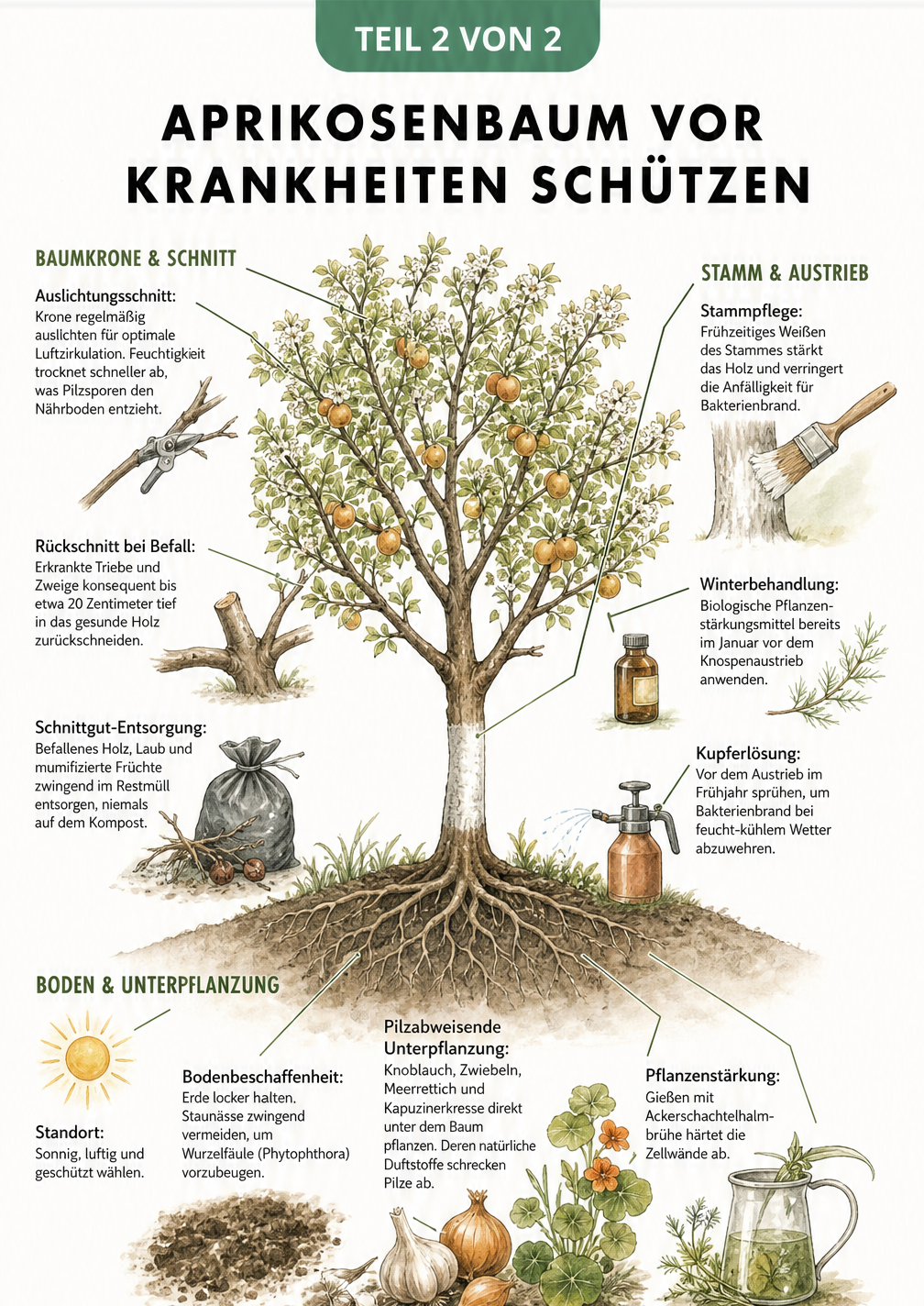 Skizze eines gesunden Aprikosenbaums mit Pflegemaßnahmen wie Auslichtungsschnitt, Stammpflege und pilzabweisender Unterpflanzung