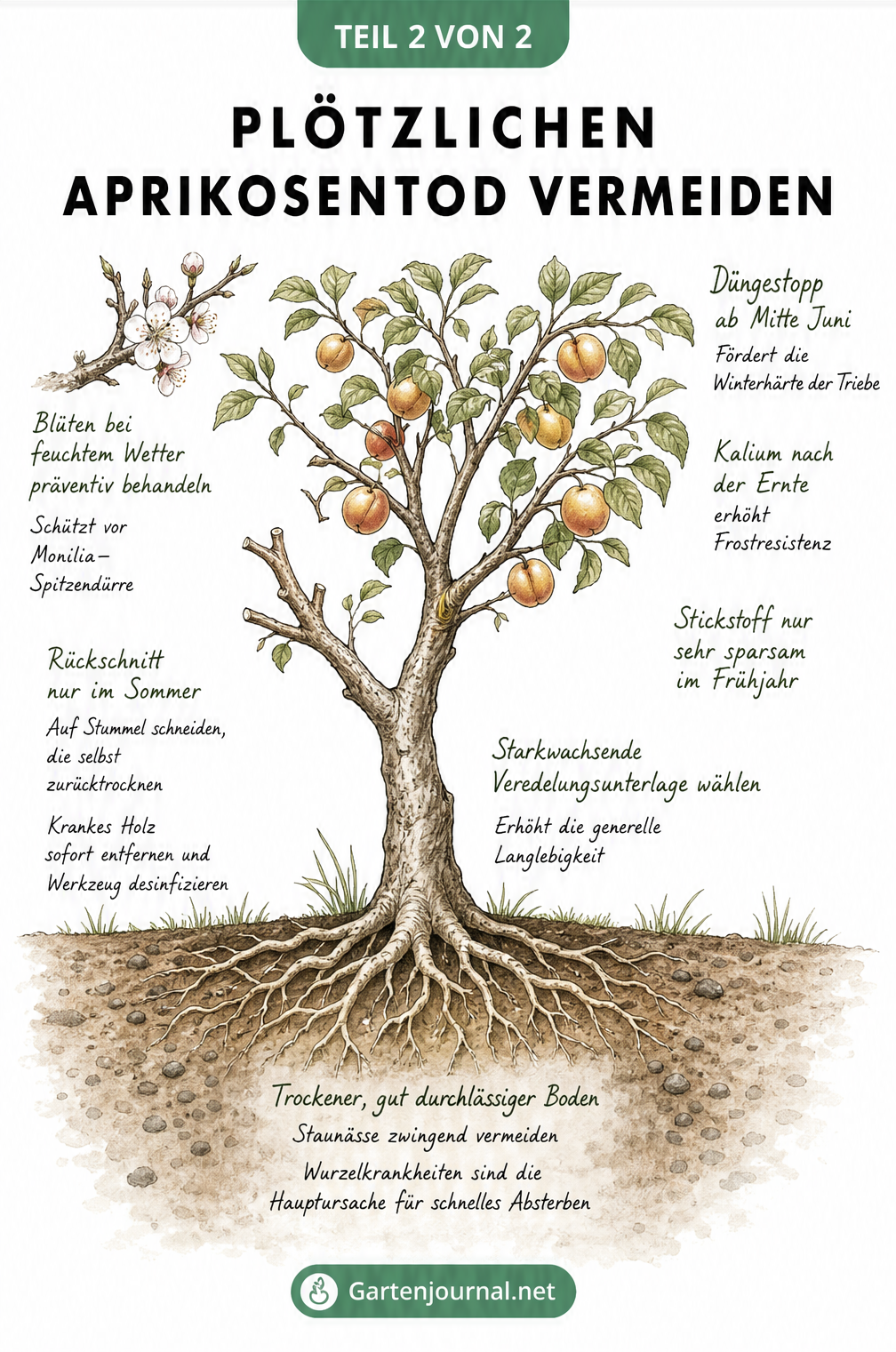 Detaillierte Illustration eines Aprikosenbaums mit Wurzelwerk, die Tipps zur Vermeidung des plötzlichen Aprikosentods zeigt.