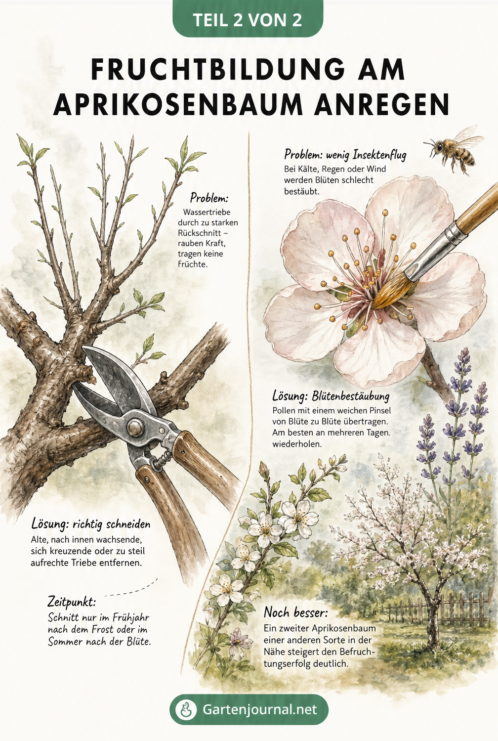 Illustration zur Pflege des Aprikosenbaums: Rückschnitt von Wassertrieben und manuelle Bestäubung einer Blüte mit einem Pinsel